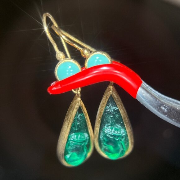 Carved Green Lady/Turquoise Earrings - Picture 3 of 5